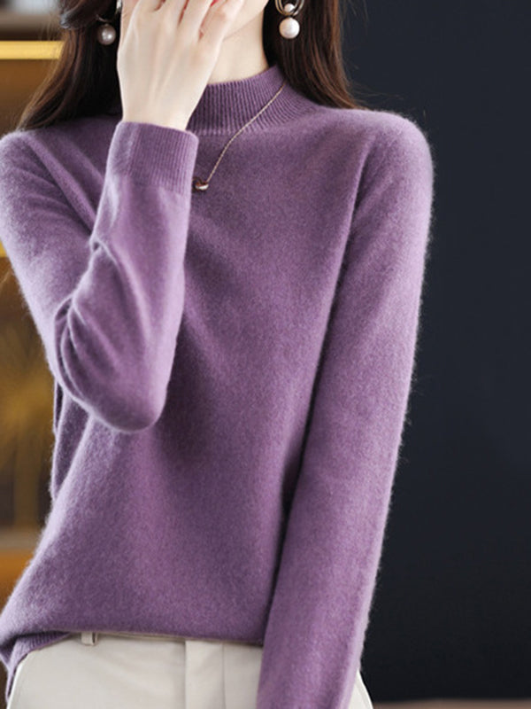 Office Long Sleeves Solid Color High-Neck Sweater Tops Pullovers by migunica