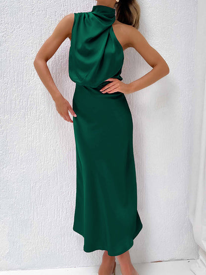 Sleeveless Solid Color Halter-Neck Midi Dresses by migunica