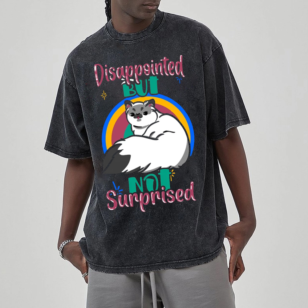 Unisex Disappointed But Not Surprised Cat Printed Retro Washed Short Sleeved T-Shirt by migunica