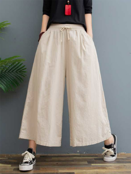 Simple Wide Leg Loose Drawstring Solid Color Casual Pants Bottoms by migunica