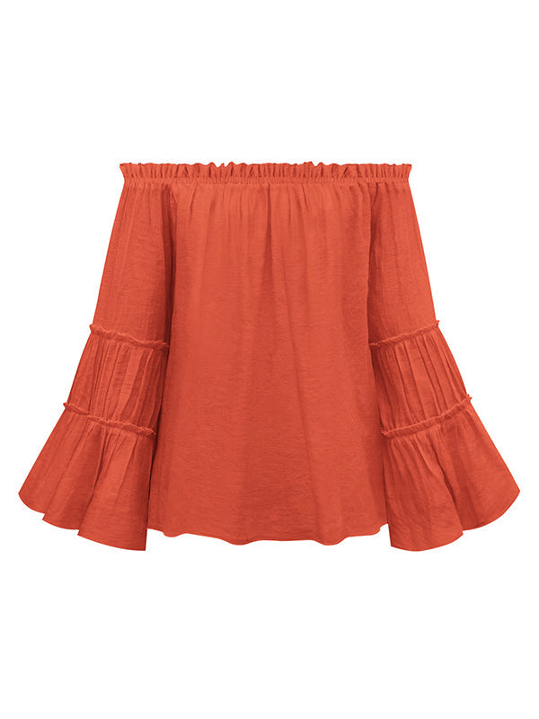 Urban Solid Color Pleated Puff Sleeves Off-The-Shoulder Blouse by migunica