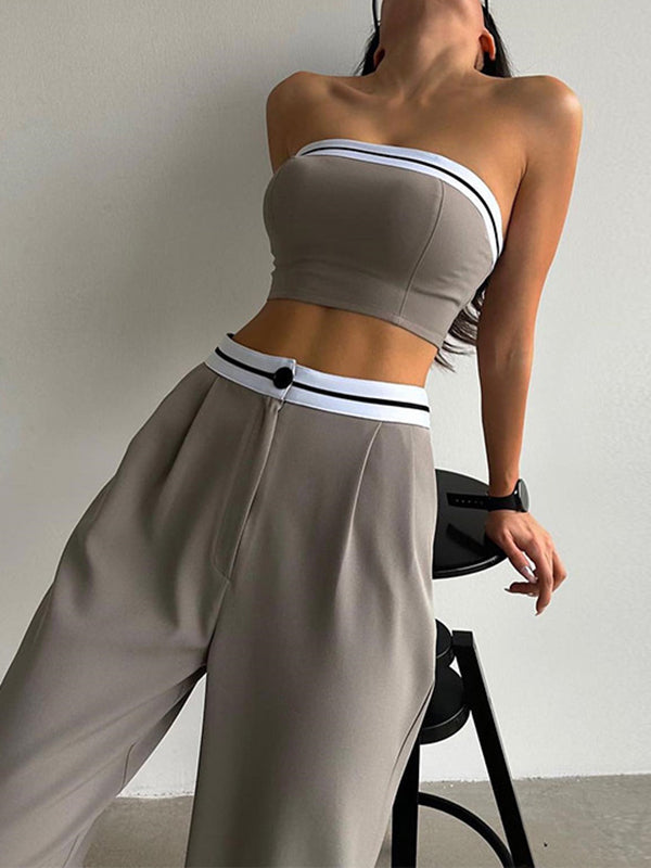 Sleeveless Contrast Color Tube Tube Top + High Waisted Pleated Buttoned Pants Bottom Two Pieces Set by migunica