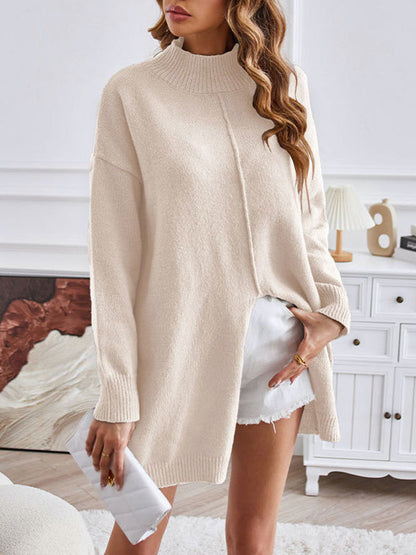 Long Sleeves Loose Solid Color Split-Front Velvet Mock Neck Pullovers Sweater Tops by migunica