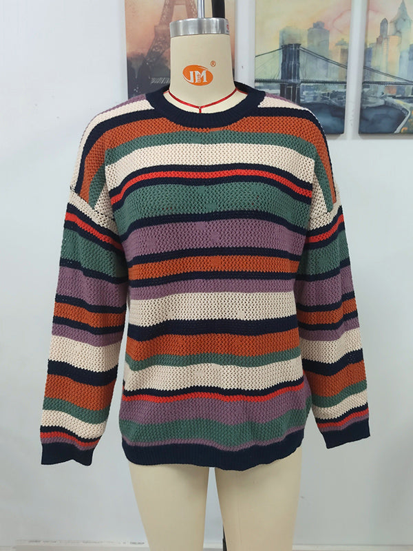 Original Long Sleeves Loose Contrast Color Striped Round-Neck Sweater Tops by migunica