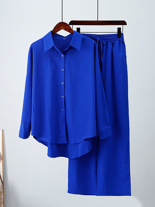 Solid Color High-Low Long Sleeves Lapel Blouses + Drawstring Pants Two Pieces Set by migunica