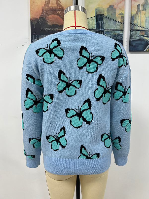 Original Long Sleeves Loose Butterfly Print Contrast Color Round-Neck Sweater Tops by migunica