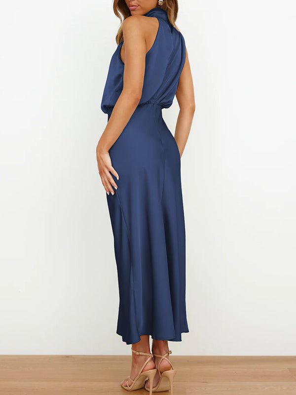 Sleeveless Solid Color Halter-Neck Midi Dresses by migunica