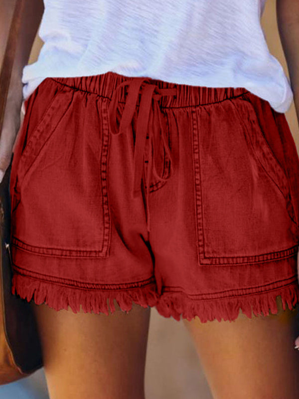 10 Colors Casual Drawstring High Waisted Denim Fringed Shorts by migunica