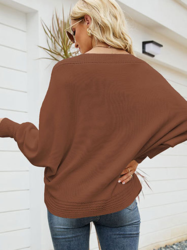 Loose Batwing Sleeves Twist Solid Color V-Neck Sweater Tops by migunica