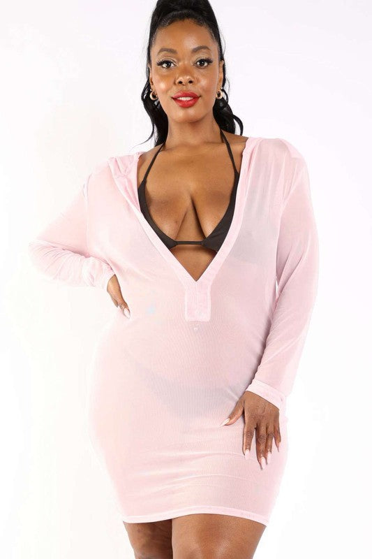 Deep V Hooded mesh cover up dress