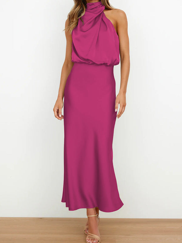 Sleeveless Solid Color Halter-Neck Midi Dresses by migunica