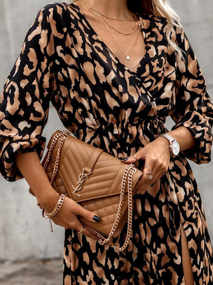 Vacation Loose Long Sleeves Split-Side Leopard V-Neck Midi Dresses by migunica