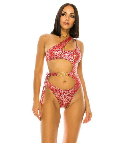 Leopard Cut-out One Shoulder Swimsuit