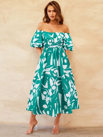 Printed Off-Shoulder Balloon Sleeve Dress by BlakWardrob