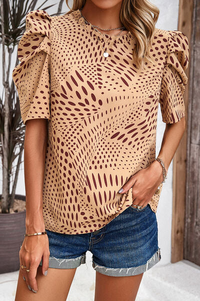 Tied Printed Puff Sleeve Blouse by migunica