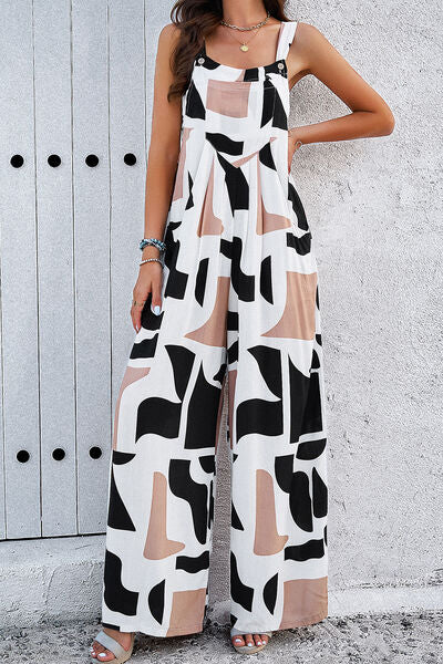 Printed Wide Strap Jumpsuit with Pockets by migunica