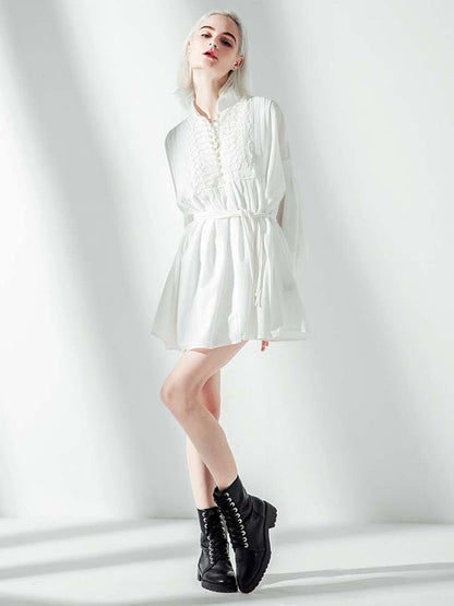 Vacation Long Sleeves Puff Sleeves Embroidered Solid Color Stand Collar Mini Dresses by migunica