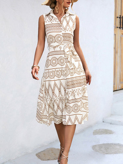 Sleeveless Buttoned Printed Tied Waist Lapel Collar Midi Dresses by migunica