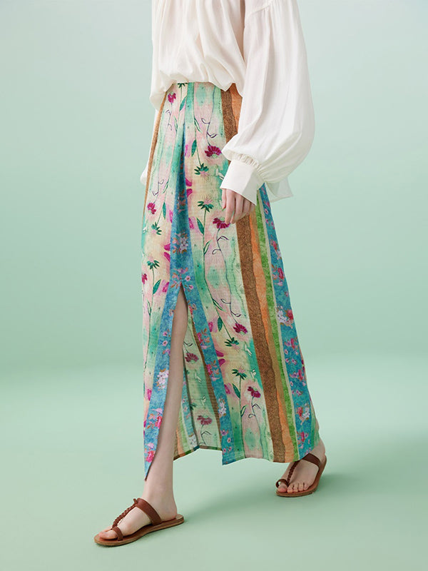 Wrap Contrast Color Flower Print Split-Front Skirts Bottoms by migunica