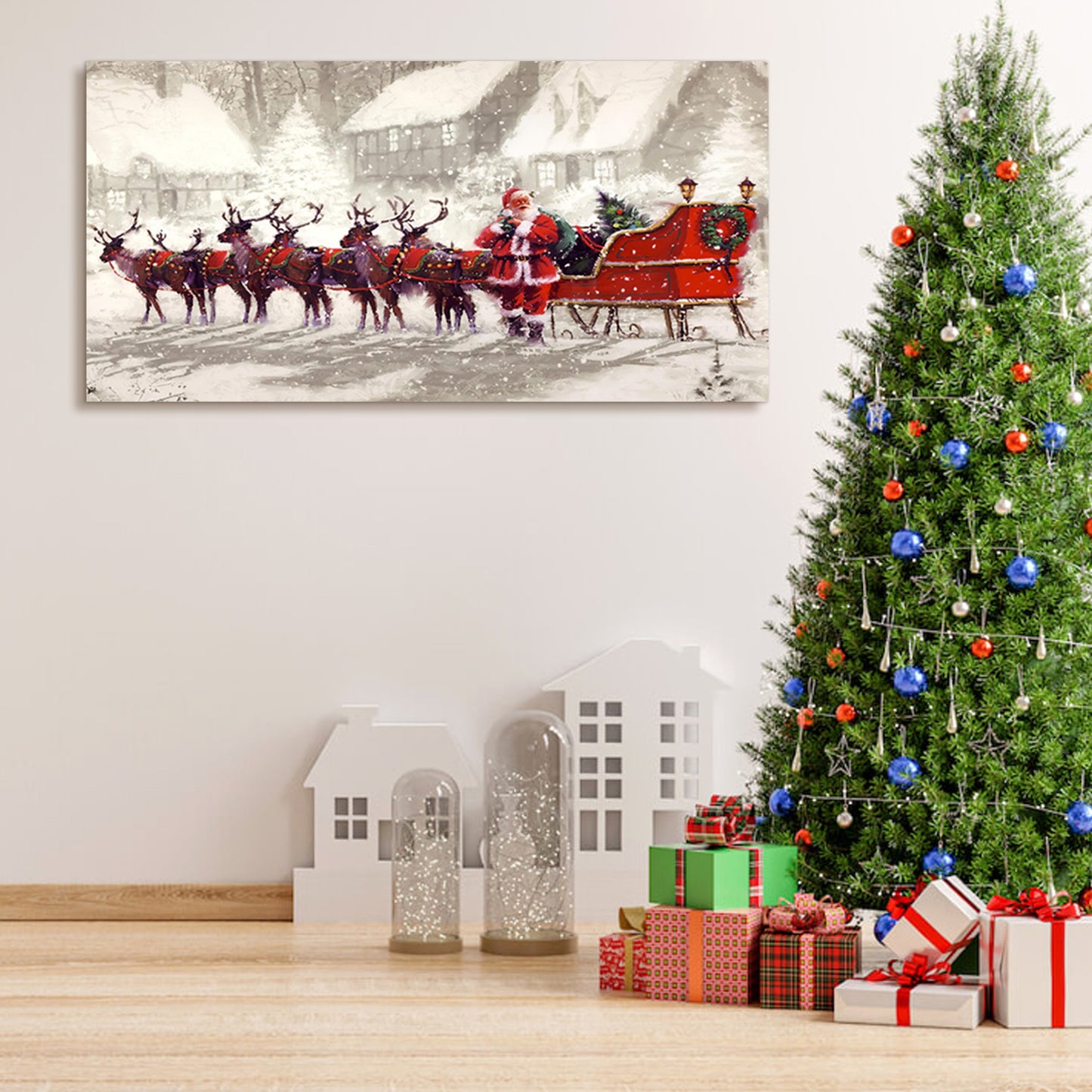 Framed Canvas Wall Art Decor Painting For Chrismas, Santa Claus with Reindeer Sledge Painting For Chrismas Gift, Decoration For Chrismas Eve Office Living Room, Bedroom Decor-Ready To Hang