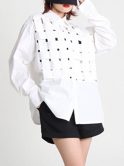 Original Loose Puff Sleeves Buttoned Hollow Solid Color Lapel Collar Blouses&Shirts Tops by migunica