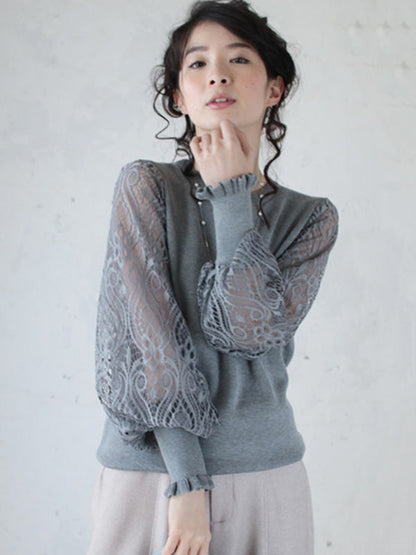 Original Loose Hollow Lace Round-Neck Long Puff Sleeves Sweater Pullovers by migunica