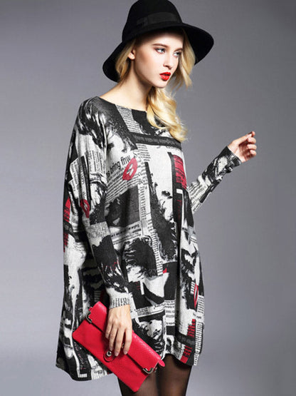 Urban Loose One-Shoulder Printed Split-Joint Sweater by migunica