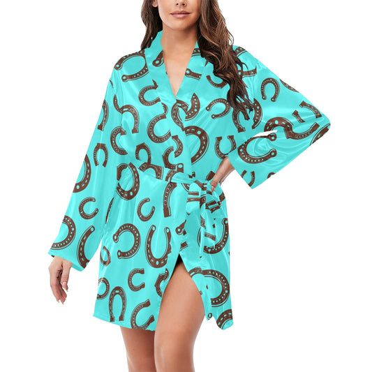 Turquoise Horseshoe Women's Long Sleeve Belted Satin Feel Dressing Lounge Robe by Baha Ranch Western Wear