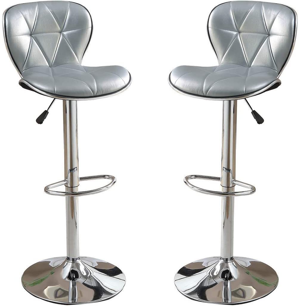 Silver / Grey Faux Leather PVC Stool Counter Height Chairs Set of 2 Adjustable Height Kitchen Island Stools Chrome Base.