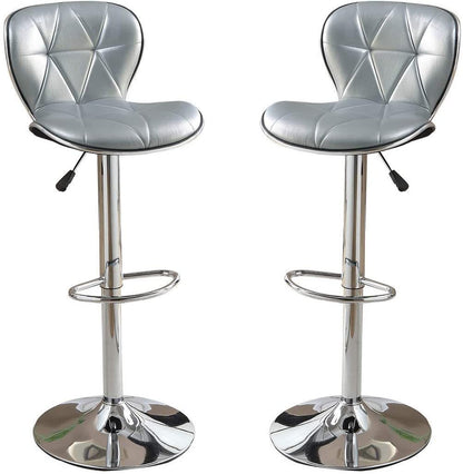 Silver / Grey Faux Leather PVC Stool Counter Height Chairs Set of 2 Adjustable Height Kitchen Island Stools Chrome Base.