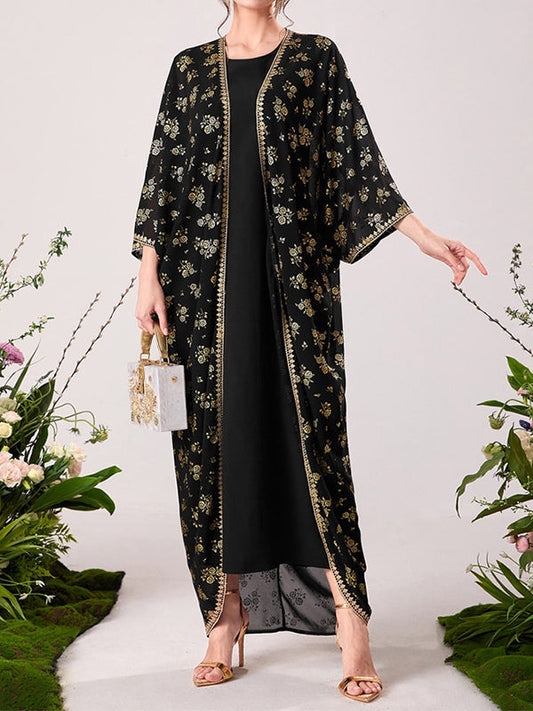 Muslim High Waisted Round-Neck Inner Dress + Flower Print Gauze Batwing Sleeves Outerwear Two Pieces Set by migunica