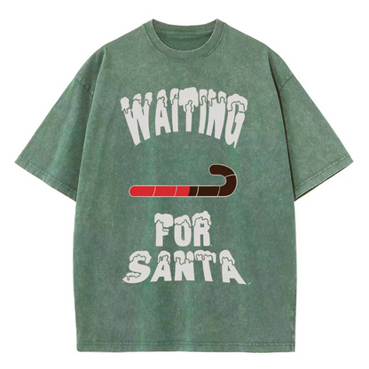 Unisex Waiting For Santa Printed Retro Washed Short Sleeved T-Shirt by migunica