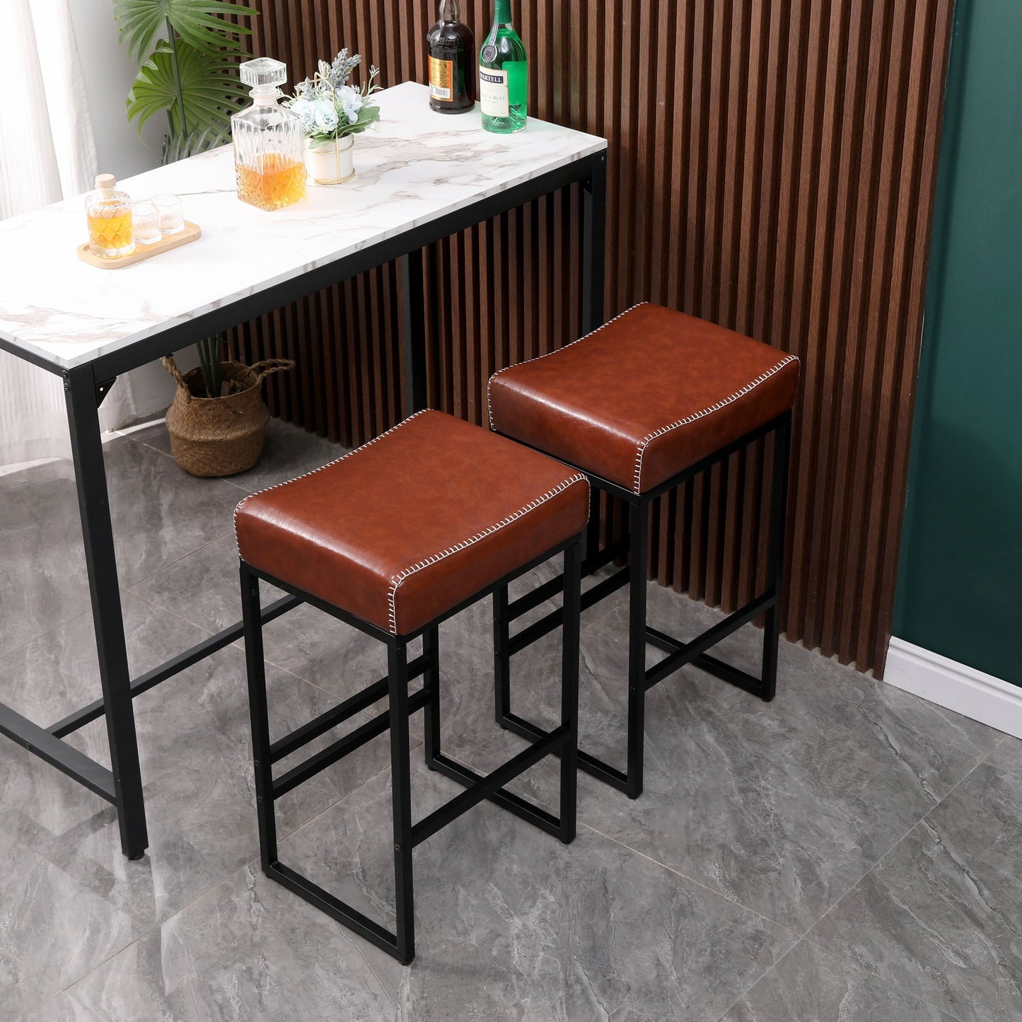 Set of 2 Counter Height Barstools with Metal Legs And PU Leather by Blak Hom