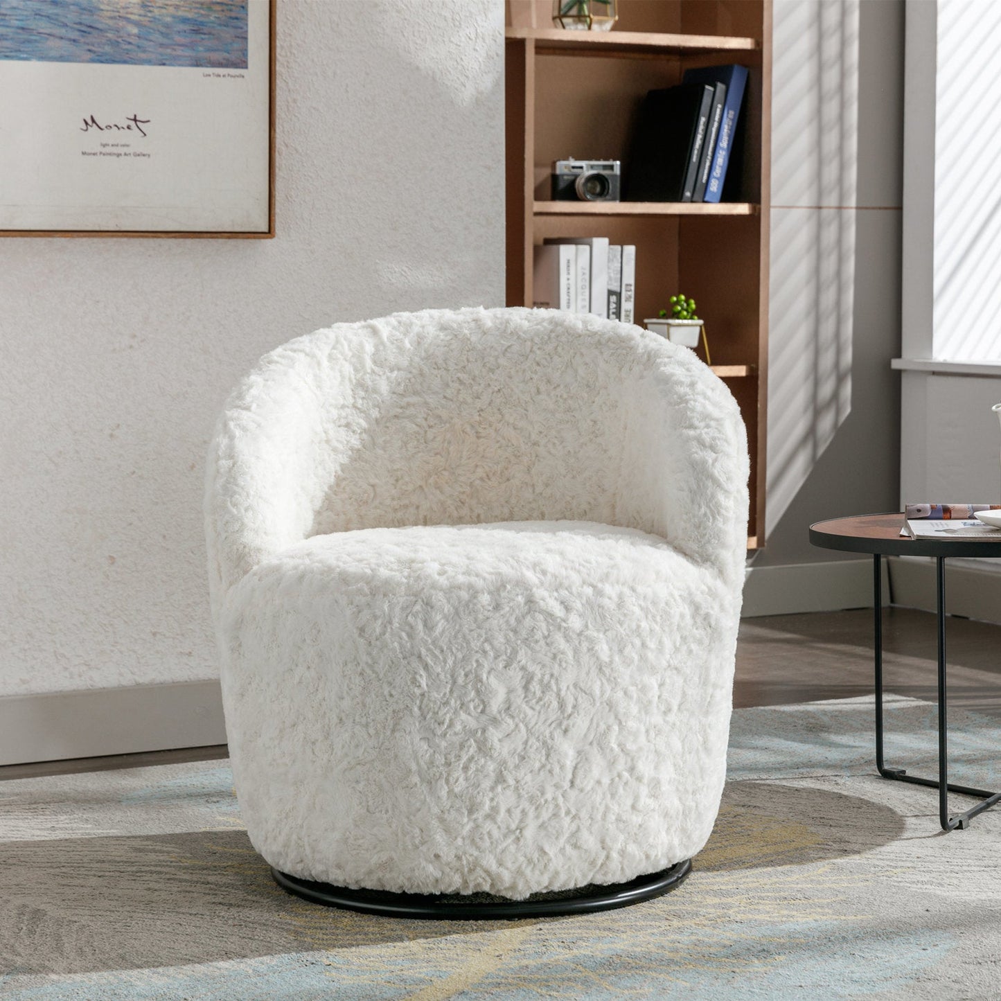 A&A Furniture,Artificial Rabbit Hair Fabric Swivel Accent Armchair Barrel Chair by Blak Hom