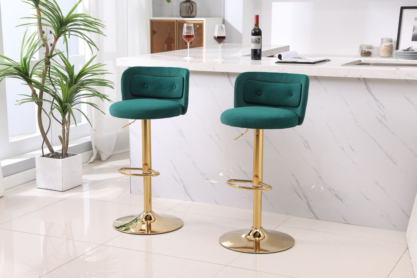 Set of 2 Modern  Bar Height, Swivel Velvet Bar Stool by Blak Hom