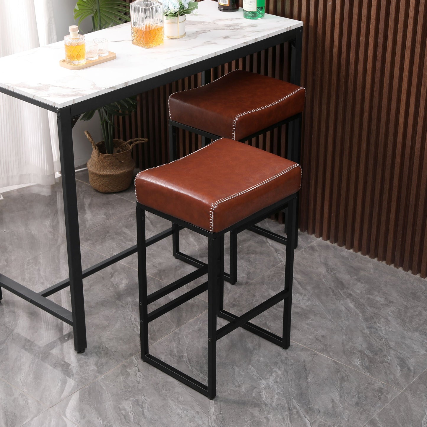 Set of 2 Counter Height Barstools with Metal Legs And PU Leather by Blak Hom