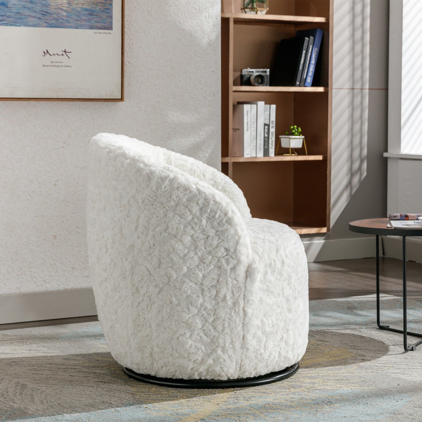 A&A Furniture,Artificial Rabbit Hair Fabric Swivel Accent Armchair Barrel Chair by Blak Hom