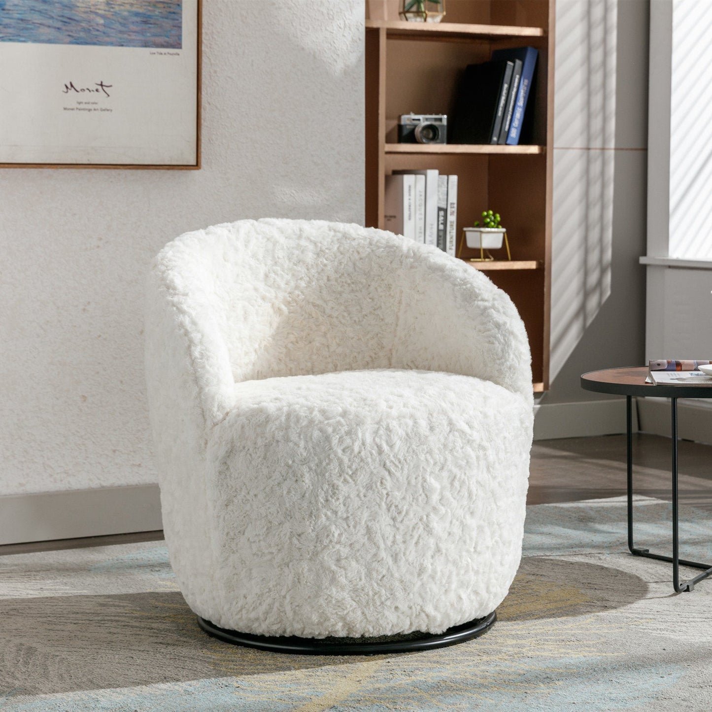 A&A Furniture,Artificial Rabbit Hair Fabric Swivel Accent Armchair Barrel Chair by Blak Hom