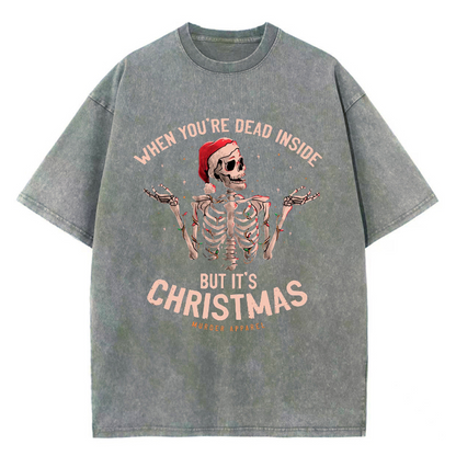 Unisex Fun Christmas skull Letter Printed Retro Washed Short Sleeved T-Shirt by migunica