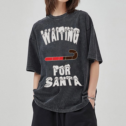 Unisex Waiting For Santa Printed Retro Washed Short Sleeved T-Shirt by migunica