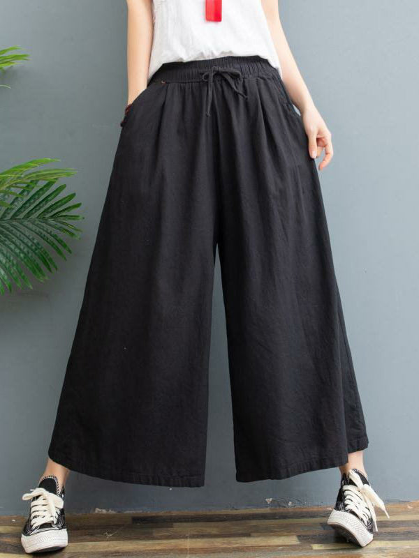 Simple Wide Leg Loose Drawstring Solid Color Casual Pants Bottoms by migunica