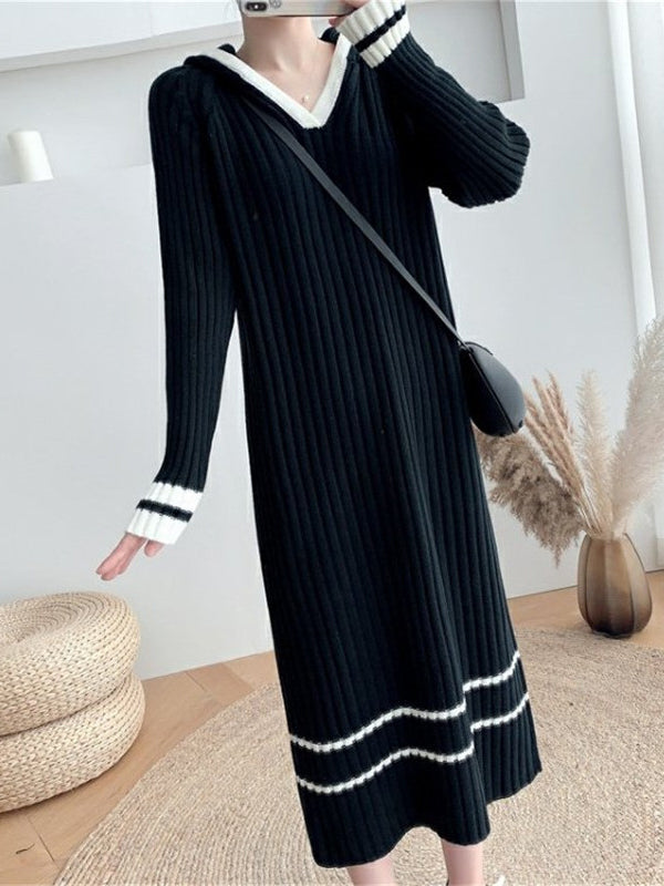 Urban Long Sleeves Loose Striped V-Neck Hooded Sweater Dresses by migunica