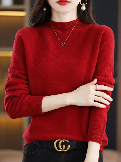 Office Long Sleeves Solid Color High-Neck Sweater Tops Pullovers by migunica