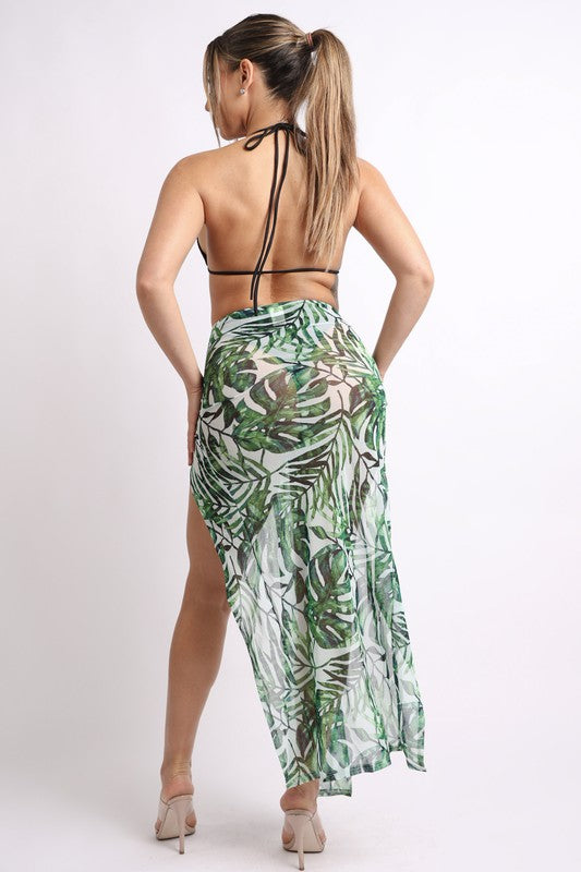Printed mesh skirt set with double slit