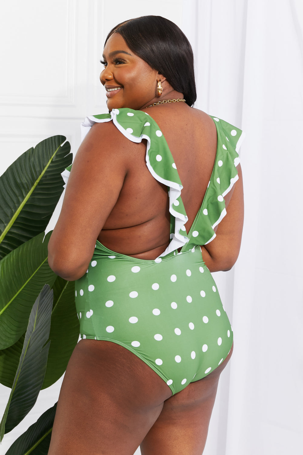 Moonlit Dip Ruffle Plunge Swimsuit in Mid Green by BYNES NEW YORK | Apparel & Accessories