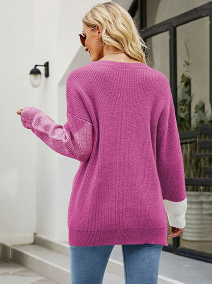 Casual Long Sleeves Loose Contrast Color Round-Neck Sweater Tops by migunica