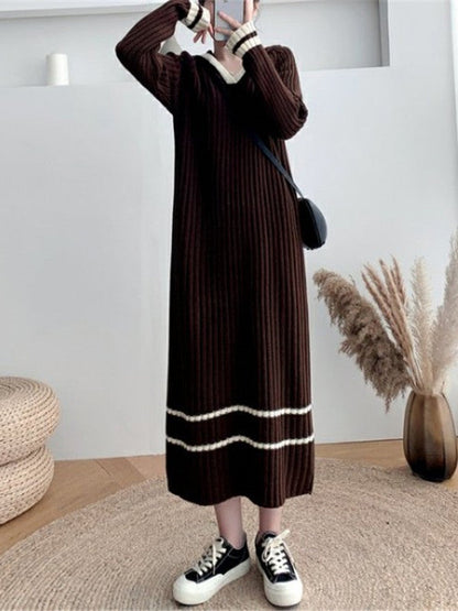 Urban Long Sleeves Loose Striped V-Neck Hooded Sweater Dresses by migunica