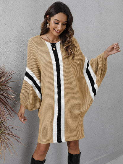 Original Loose 4 Colors Striped Round-Neck Batwing Long Sleeves Sweater Dress by migunica