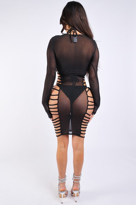 Strappy side detailed mesh cover up and bikini set