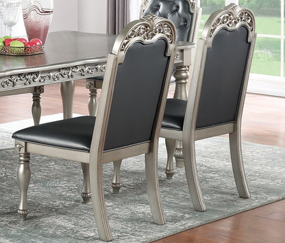 Majestic Formal Set of 2 Side Chairs Grey / Silver Finish Rubberwood Dining Room Furniture Intricate Design Cushion Upholstered Seat Tufted Back